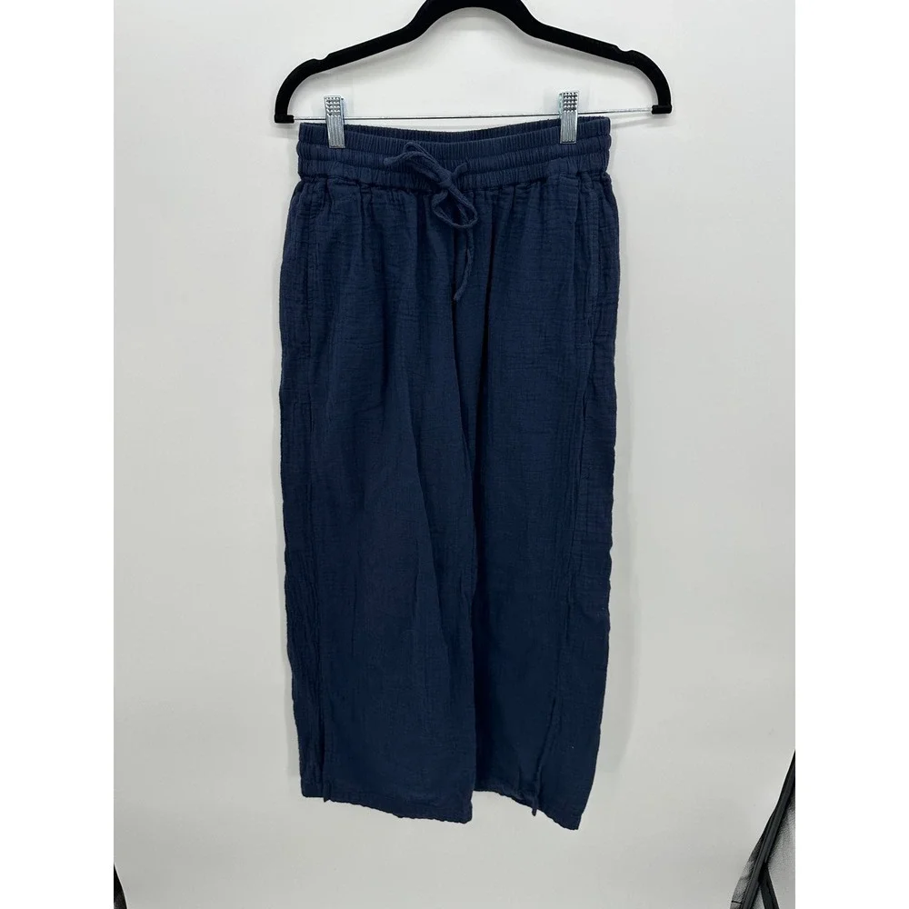 Pact Womens Navy Blue Coastal Double Gauze Set Wide Leg Popover Sustainable